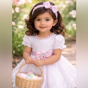 Charming Pink and White Lace  Easter birthday Princess pageant girl dress
